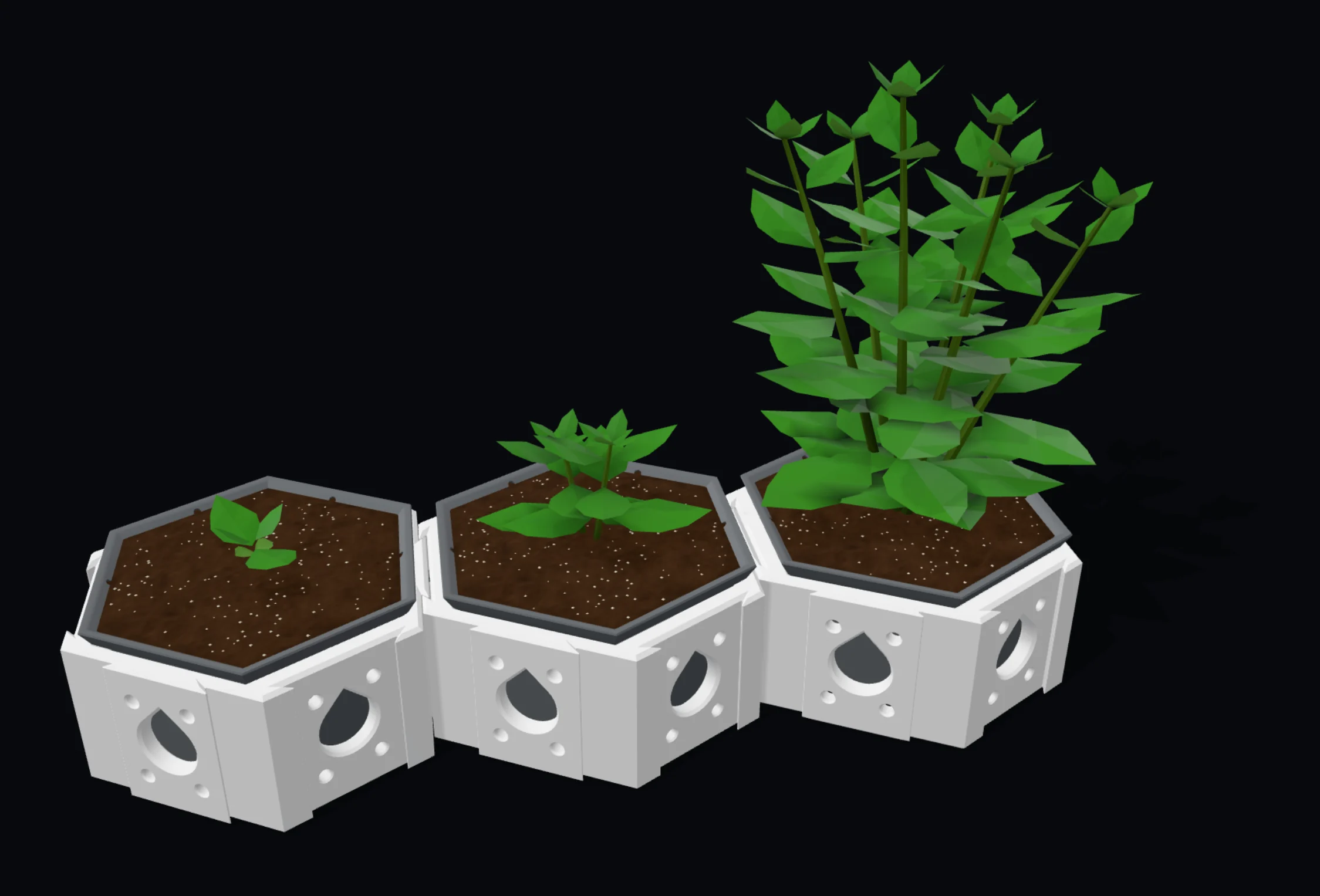 A basil at three growth stages in three planters: seedling, young, ready to harvest